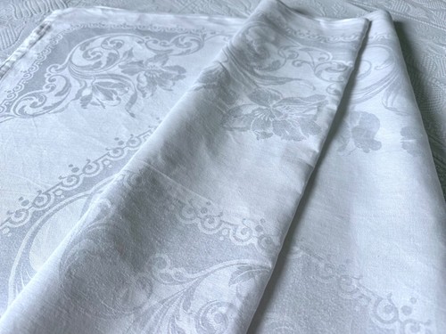 Antique Linen Damask Large Tablecloth Poppies 217cm / 85” - Picture 3 of 14