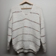 Altar'd State Fuzzy Knit Sweater Women Size M/L White Stripes V-Neck Casual Fall