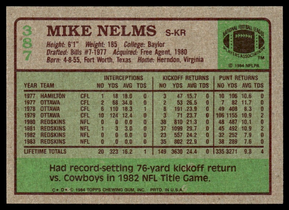 1984 Topps #387 Mike Nelms Washington Redskins | eBay