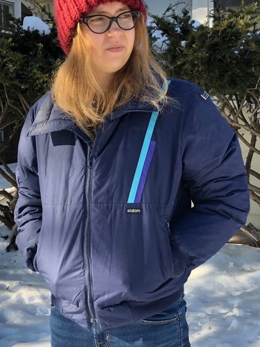 puffy ski jacket navy blue goose down 