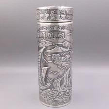 Pure S999 Fine Silver 999 Carved Sailing Coffee/Hot Tea Drinking Bottle 136g