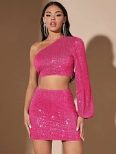 Retrofête One Shoulder Hot Pink Sequin Two Piece Set Mini Dress Size Large￼