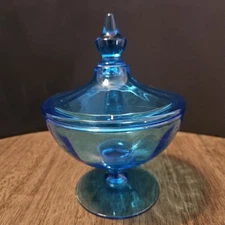 Vintage L.E. Smith Covered Candy Dish – Electric Blue Glass Compote MCM