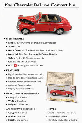 1941 Chevrolet DeLuxe Convertible 1:24 Diecast   National Motor Museum Mint COA