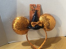 New Disney Minnie Mouse Ears Halloween Black Witch Hat Orange Sequin Headband