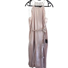 NEW Lulus Beach Town Bound Ivory Striped Pleated Midi Dress Drop Waist sz L