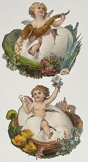 Oblaten Glanzbild scrap Ostern 8cm MITTELGROSS Kind Baby Ei Nest Blumen