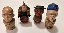 4 VINTAGE HAND CARVED WOODEN CORK BOTTLE STOPPERS