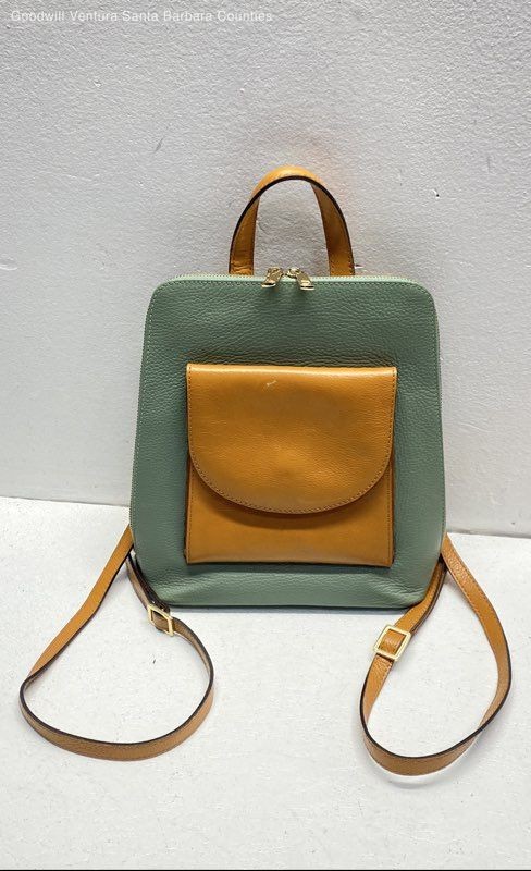 Divina Firenze Italian Leather Backpack Purse In Green & Tan 