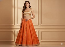 Sanskriti Vintage Orange Long Unstitch Lehenga Pure Satin Han Embroidery Zardozi