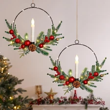 2Pack 16Inch Christmas Wreath with Taper Candle Lights Christmas Wreath Outdoor