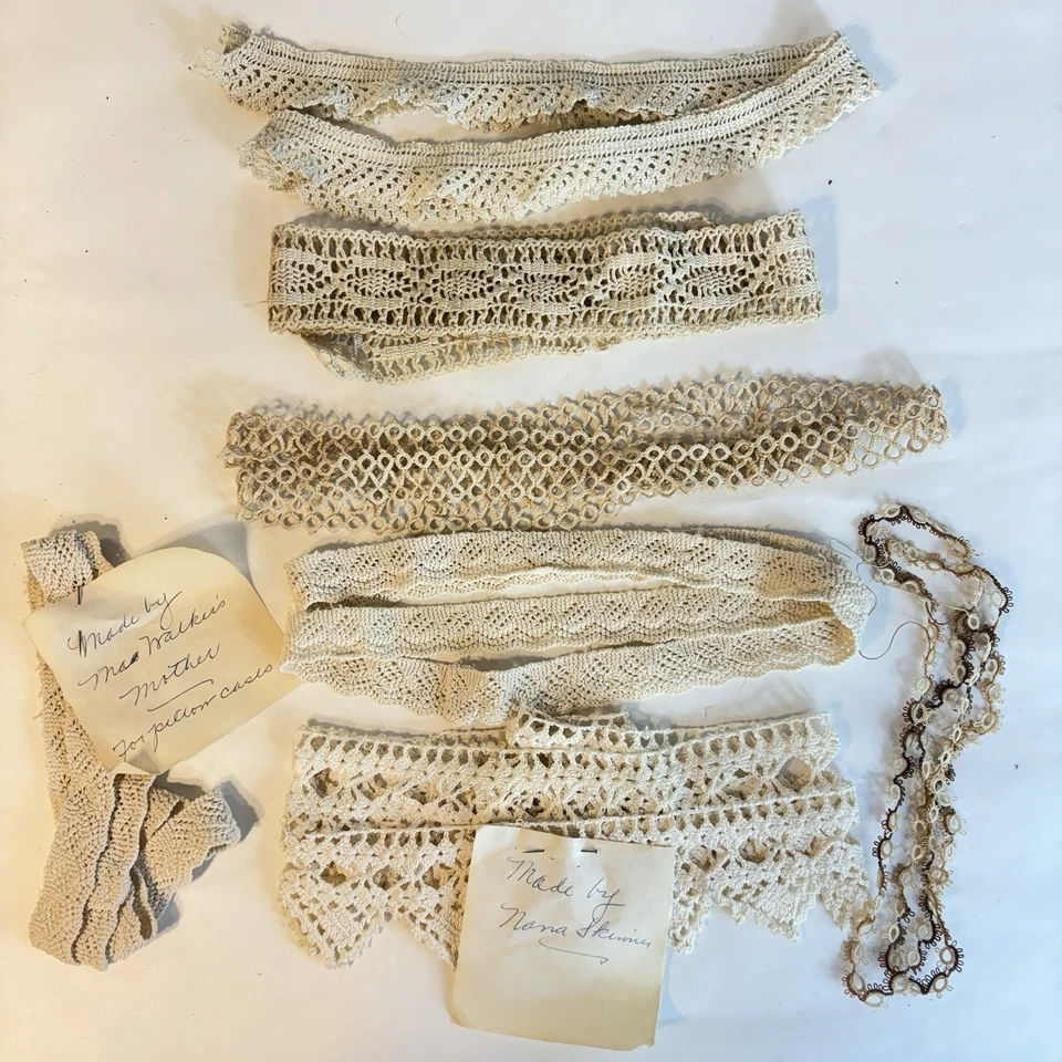 Lote Antigo Antigo Crochê Tatting Acabamento em Renda Borda Colarinho Fronha Artesanato - Imagem 2 de 4