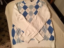 J Crew Mens White/ Blue Cotton Argyle Pullover Sweater L EUC