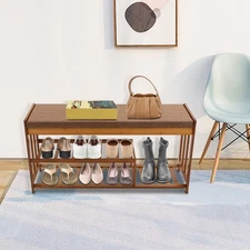 Shoe Bench with Storage Cabinets, Entryway Bench w/ Cushion Hidden Compartment