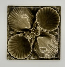 VTG Fireplace Majolica Tile A. E. Tile Co Olive Green Sea Shells & Flowers 6”