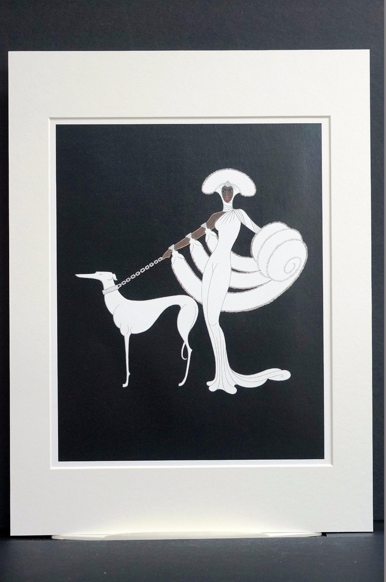 Erte 1987 EBONY and WHITE BROWN SKINNED LADY in FUR w GREYHOUND