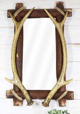 Western Rustic Stag Deer Antlers Rack On Wooden Logs Wall Mirror Plaque 22'H