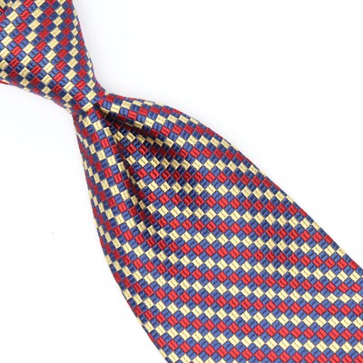 Brooks Brothers Mens Silk Necktie Red Gold Navy Blue Check Diagonal Array Woven 