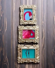 3-piece vintage style gold mini ornate framed print of a Flamingo 🦩 painting