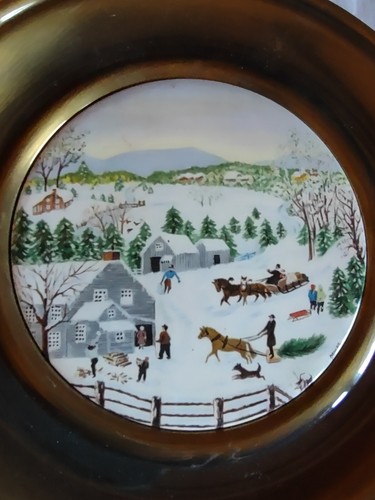 VTG Ceramic Signed Grandma Moses Winter Plate Brass Frame Marked Made in England