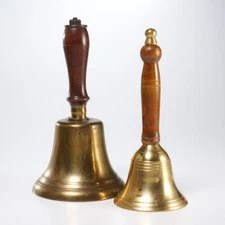 Vintage Brass Wood School Dinner Service Bell Pair Lot 8"h 8.5"h