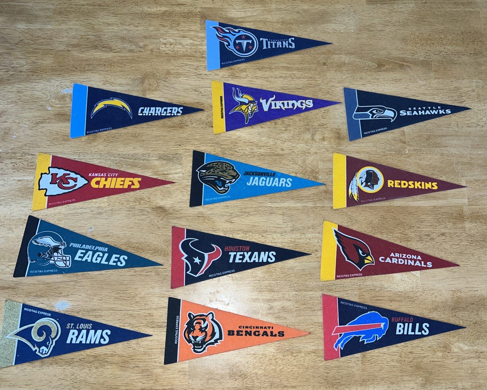 Rico Tag Express Mini Pennants 9x4 Inches NFL NBA MLB NHL Team Flags Lot of 39