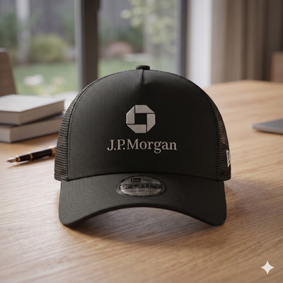 JP Morgan Logo Embroidered Black Trucker Hat Mesh Back Adjustable Snapback Cap