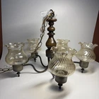 Vintage Chandelier 5 Light Hanging Light Fixture Wood Brass Glass Union Made