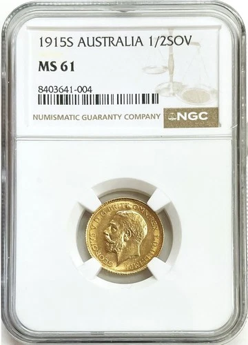 1915 S GOLD AUSTRALIA 1/2 SOVEREIGN KING GEORGE V COIN NGC MINT STATE 61
