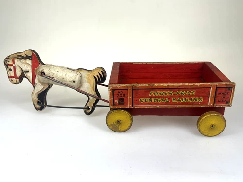 Antique Vintage 1940s #733 GENERAL HAULING Horse Cart Pony Express Wood Pull Toy