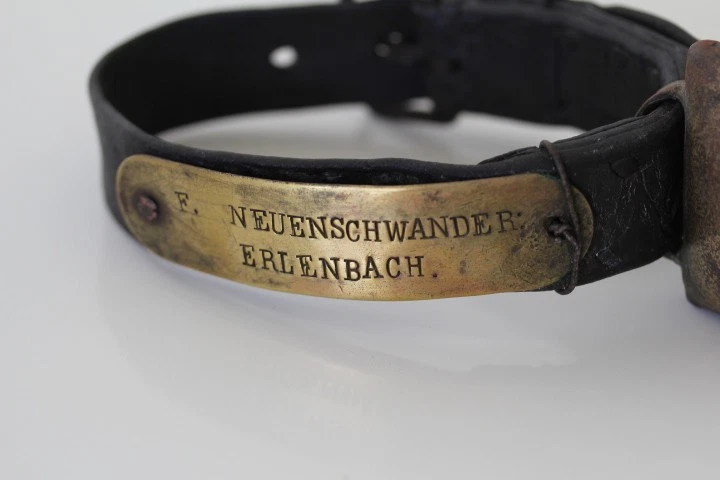 Ancien collier de chien de chasse en cuir avec cloche en laiton avec plaque - Photo 2/2