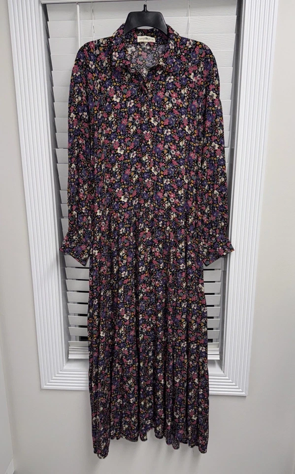Vestido Natural Life Púrpura Floral Midi En Niveles Talla XL Bolsillos Manga Larga Boho Foto 3 de 4