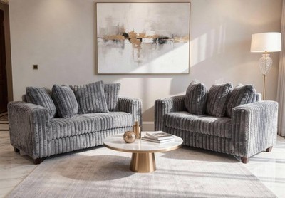 NEW Modern 2PC Sofa Loveseat Gray Corduroy Plush Fabric Living Room Set
