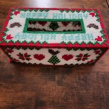 Happy Holidays Tissue Box Holder Cover Cross Stitch Handmade Christmas Trees