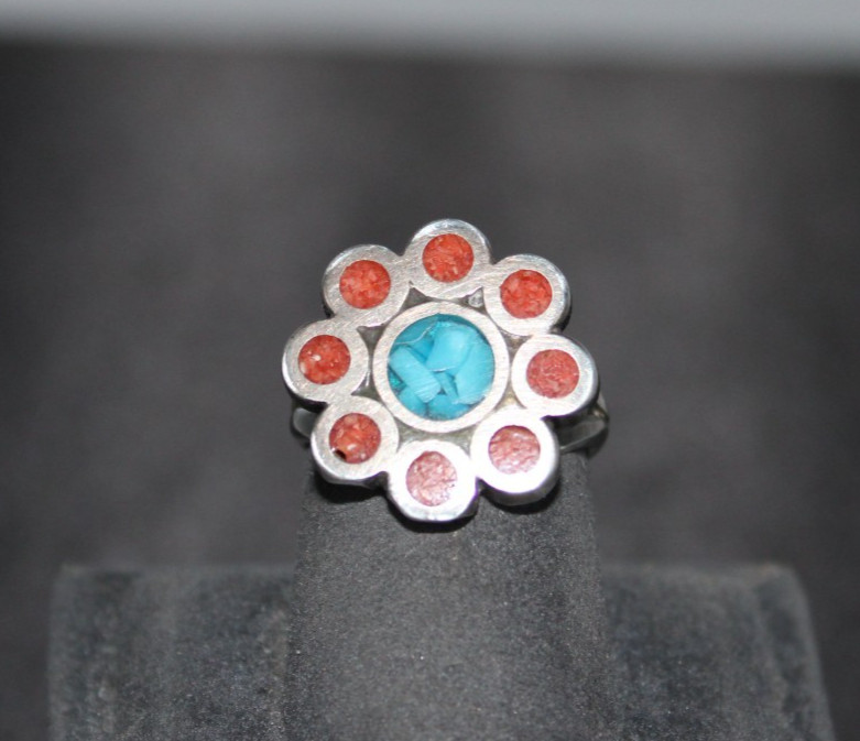 Turquoise And Coral Inlay Sterling Silver Ring Size 5.5