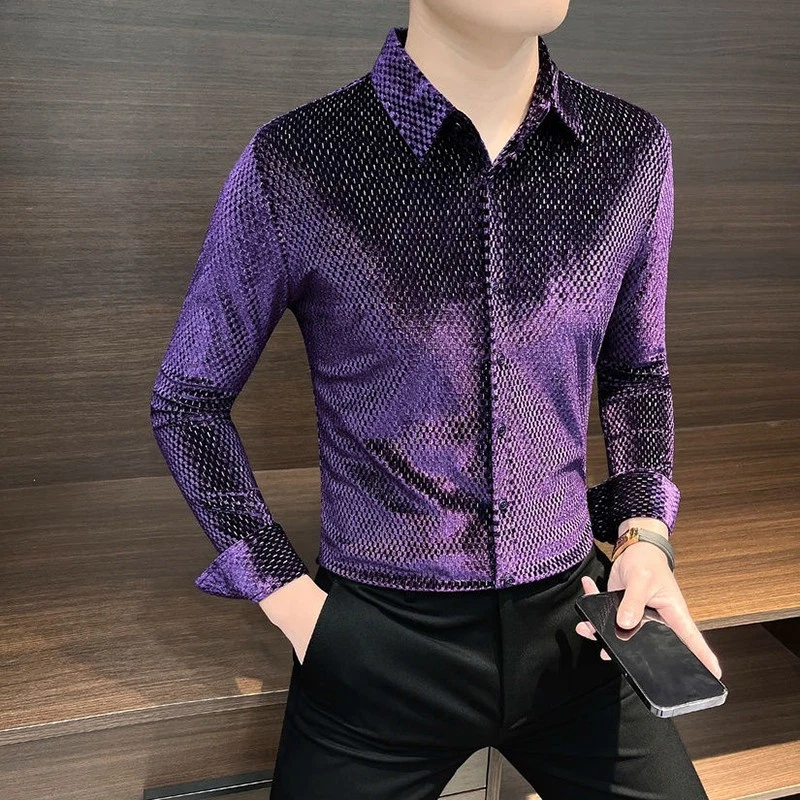 Camisas sociais masculinas de veludo manga longa lantejoulas glitter formal slim fit camisa de formatura - Imagem 4 de 4