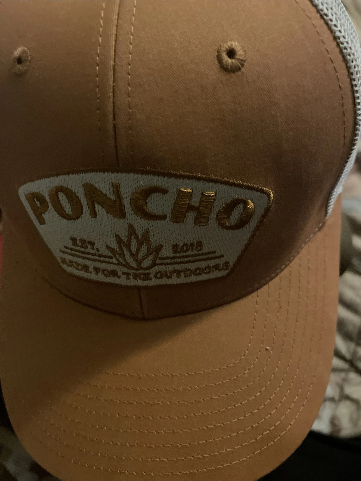 Poncho Tan Cap Snap Back Tan/wht Trucker Logo Mesh Back Outdoor Fishing Adult