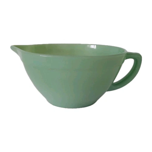 Vintage Fire-King Oven Ware Mixing Batter Bowl Jadeite Milk Glass Handle Pour