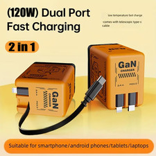 2 in 1 Gan Charger Type C/L , 120W Compatible Fast, Retractable Wall NEW