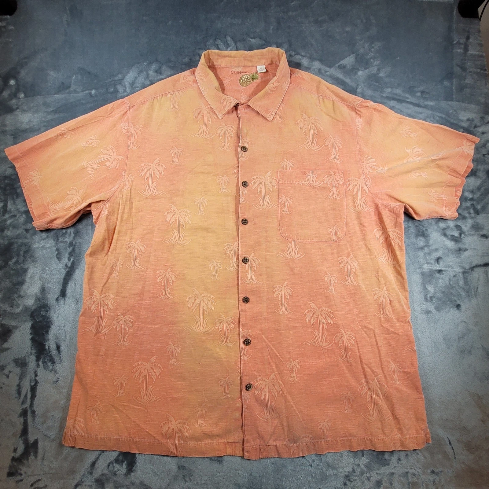 Caribbean Mens 2X Silk Cotton Palm Tree Jacquard Aloha Camp Shirt Orange Coral