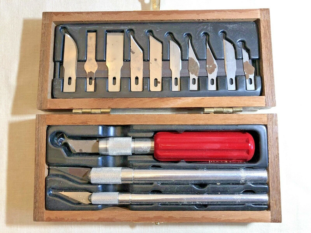 VINTAGE X-ACTO 3 KNIFE & 13 Blades WOOD CARVING SET IN Fitted WOOD