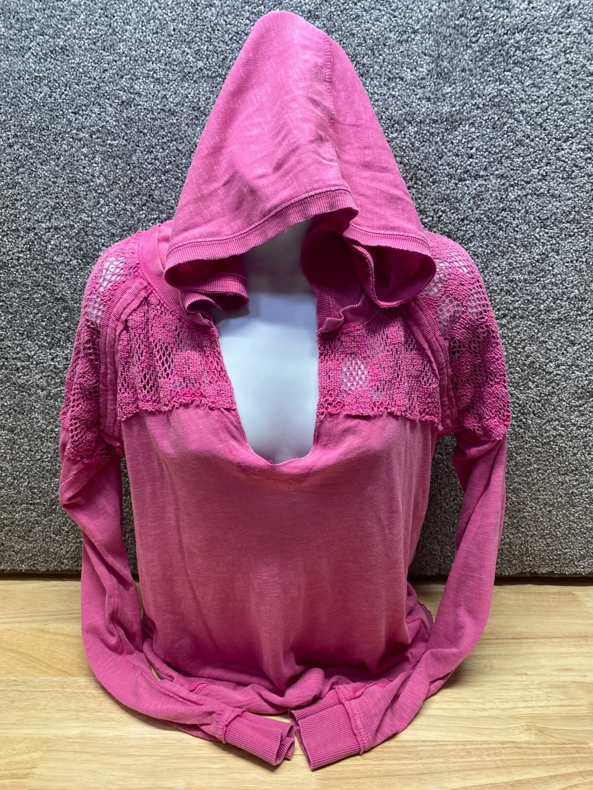 We The Free Womens PS Pink Mixed Knit Hooded Pullover Sweatshirt V Neck
