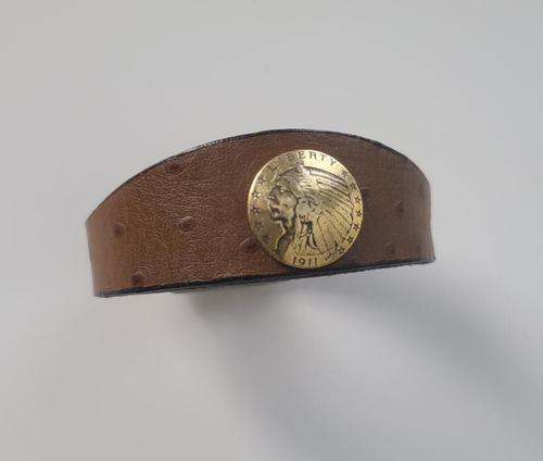 American Indian Head Liberty 1970's Leather Bracelet - Vintage Brown Gold Buckle