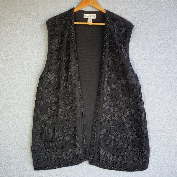 VTG Alyssa Brooke Cardigan Vest Women One Size Black Beaded Ribbon Open 90s Knit