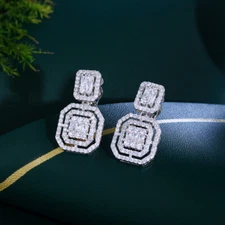 Clip On Square Dangle Cubic Zirconia Earrings Silver Plated Women Bridal Jewelry