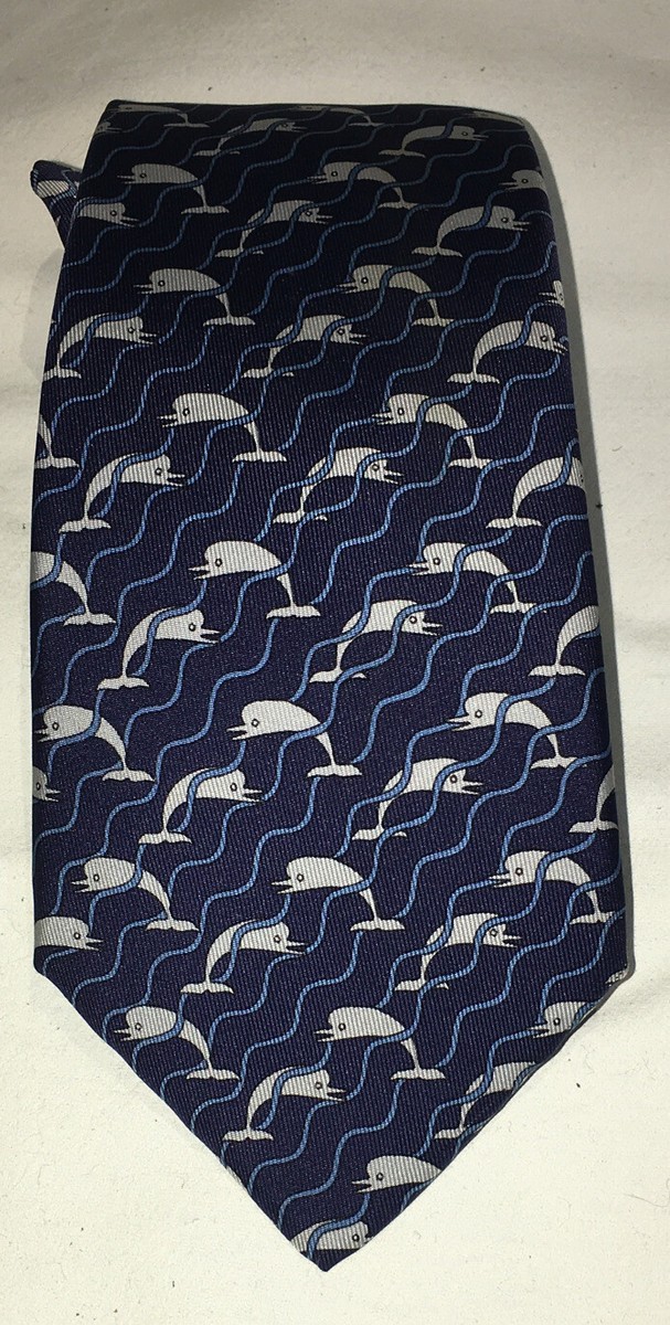 Hermes Paris Made In France Blue Dolphin Pattern Silk Tie | eBay