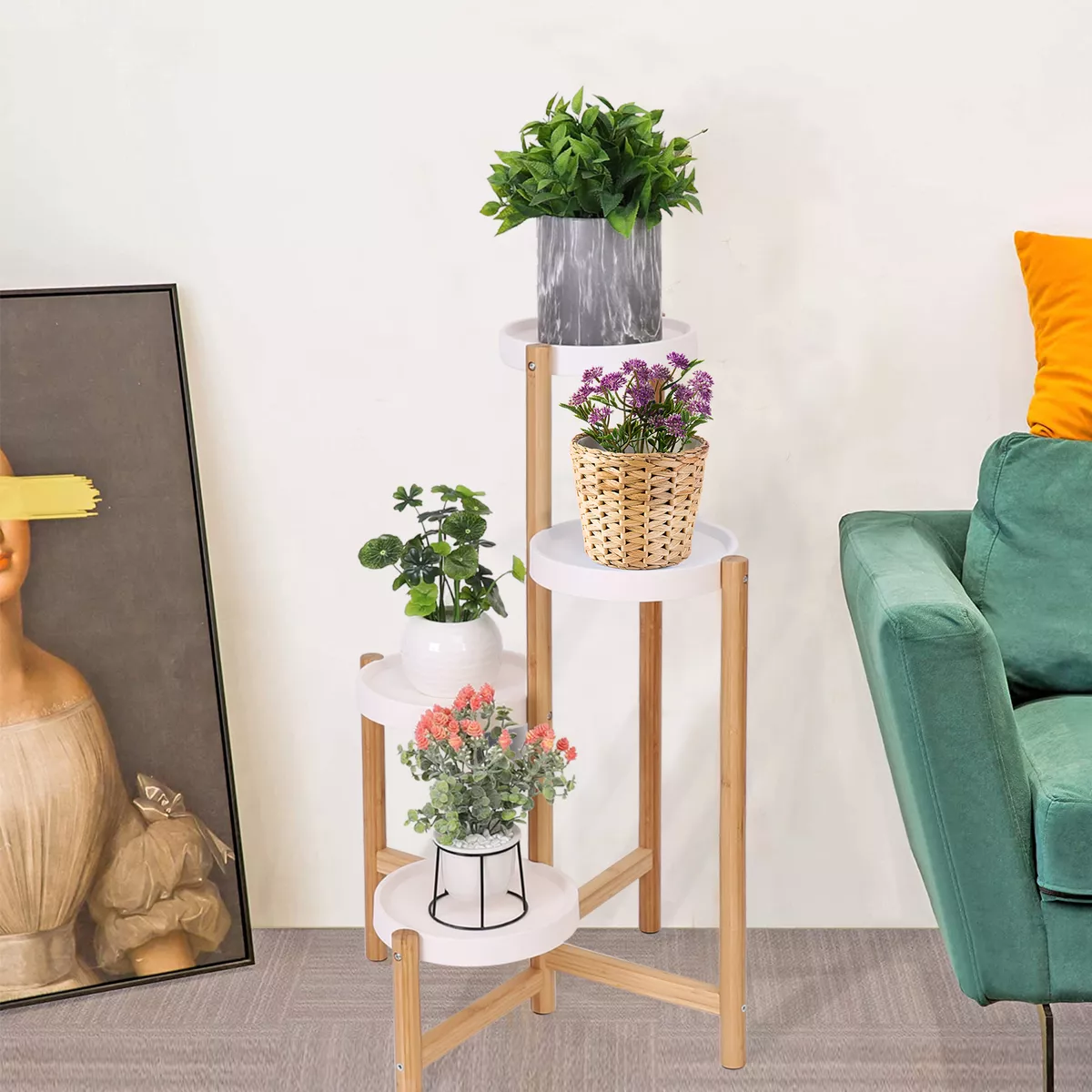 3 4 Potted Tall Modern Plant Stand Flower Rack Bamboo White Living Room Bedroom