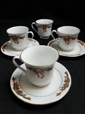 Lot of 3 Poinsettia and Ribbons Fine China Christmas Tea Coffee Cups  Saucers