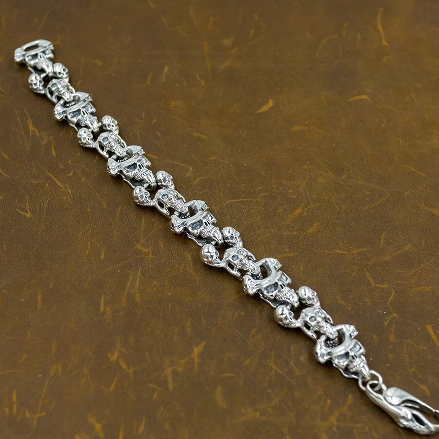 85g 9.5" Grueso Pesado Multi Calaveras Eslabón Motociclista 925 Plata de Ley Pulsera Hombre Foto 2 de 4