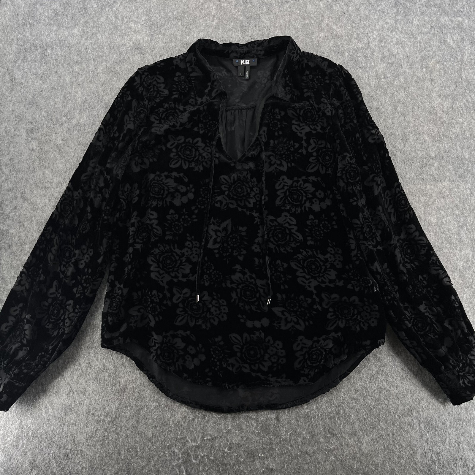 Paige Blouse L Black Floral Velvet Burnout Top Sheer Velour